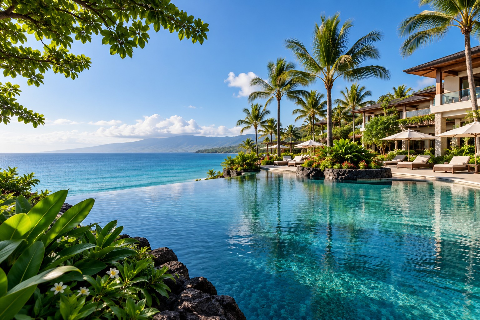 Tropical resort with a sunlit pool and palm trees